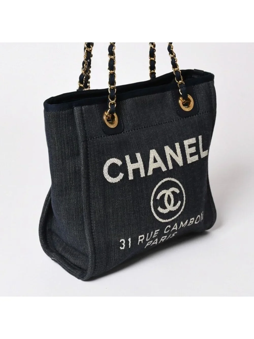 Chanel Deauville PM Chain Tote Shoulder Bag Denim Canvas CC Logo Navy Gold